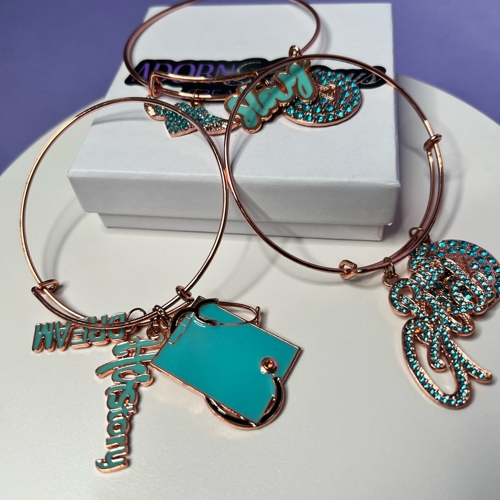 Rose Gold and Turquoise Charm Bracelet Set Of 3 Bangles